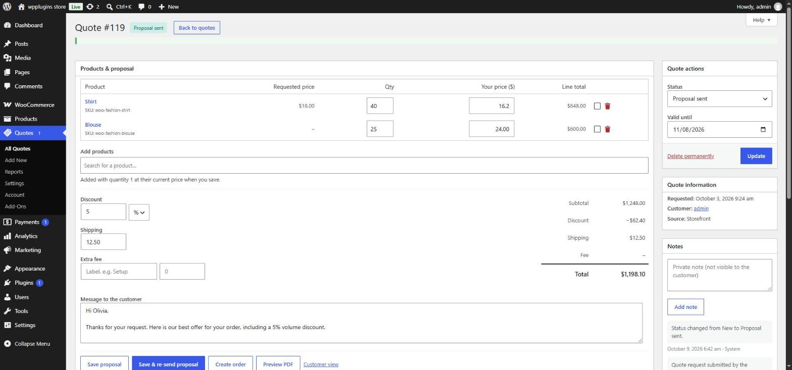 Proposal editor with prices, discount, shipping, message and expiry