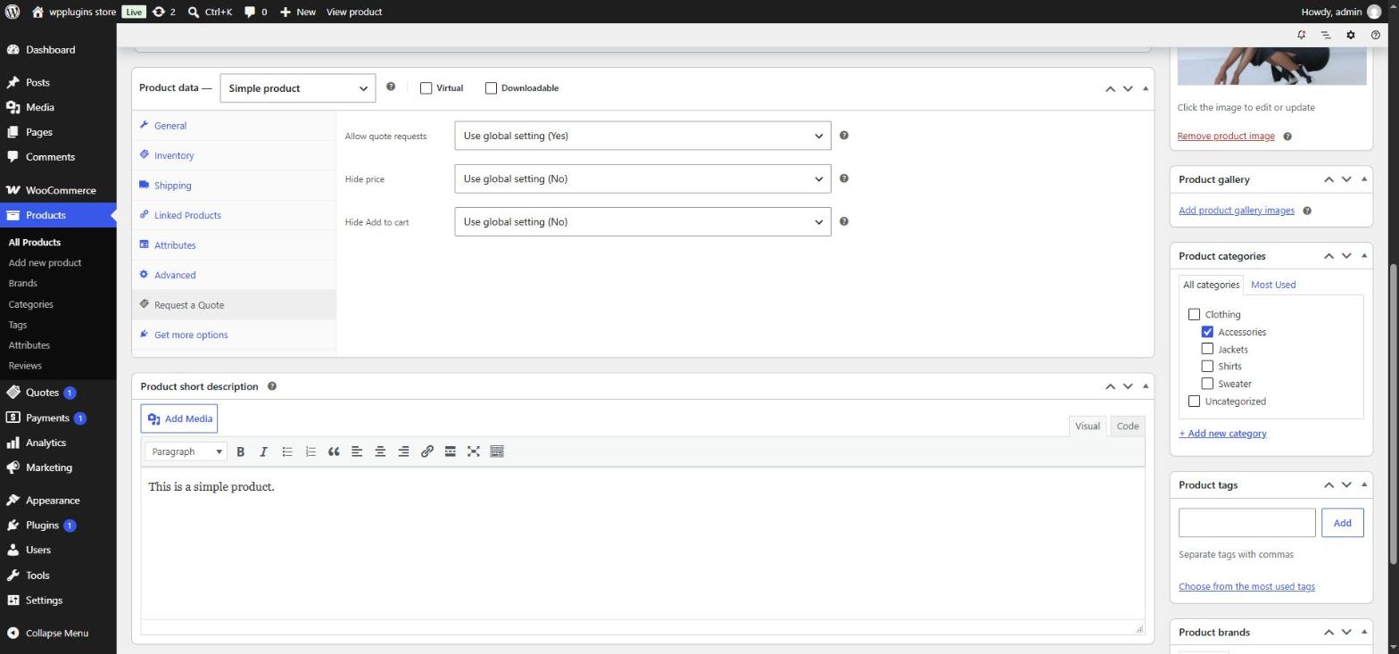 Request a Quote tab in the WooCommerce product data box