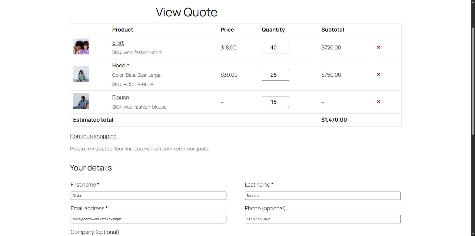 Customer quote list with quantities and the request form