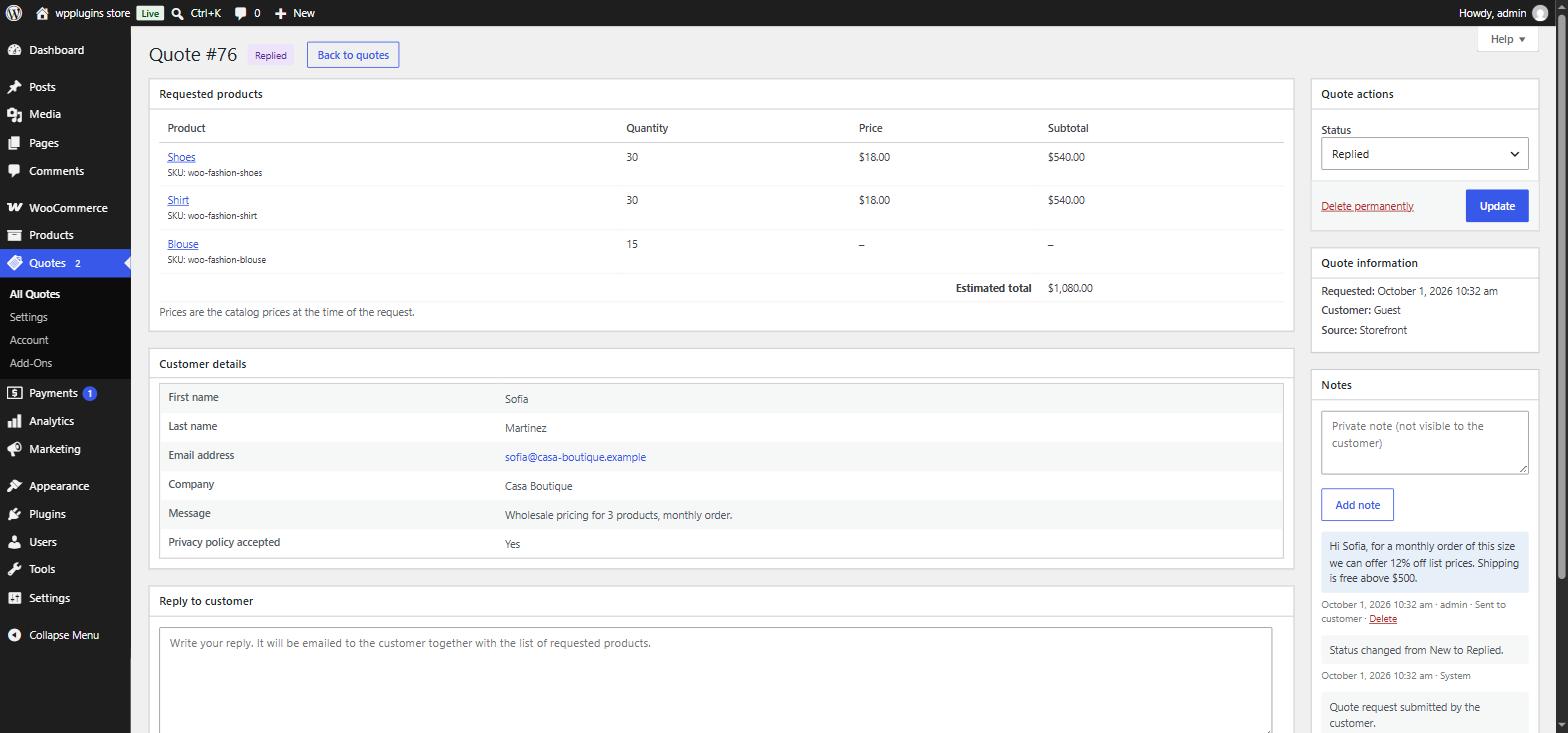 Quote detail screen with products, customer details, actions and notes