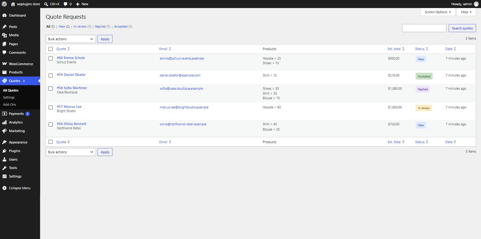 Quote requests dashboard with status filters
