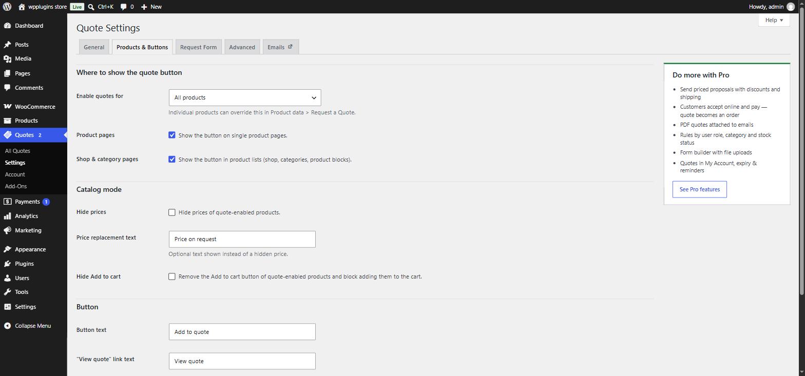 Products and Buttons settings tab