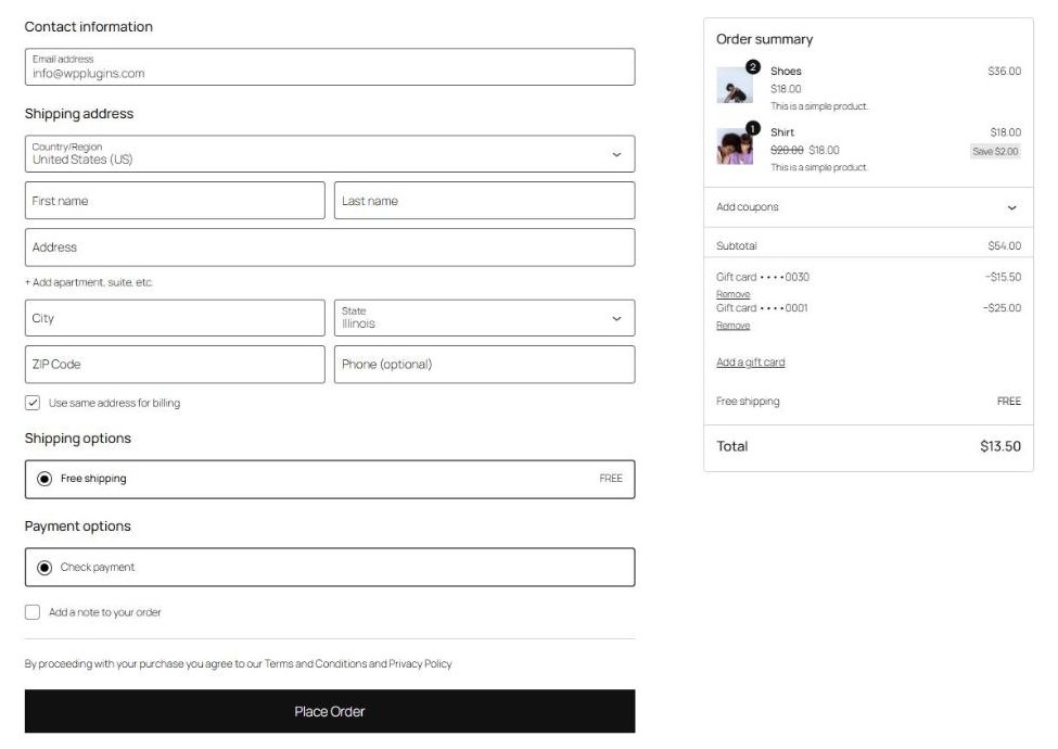 Checkout block with two gift cards applied