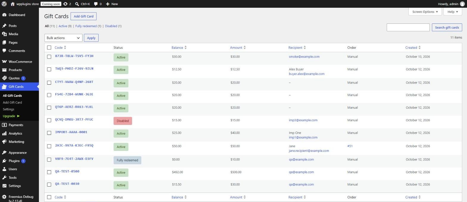 Gift card list with status filters