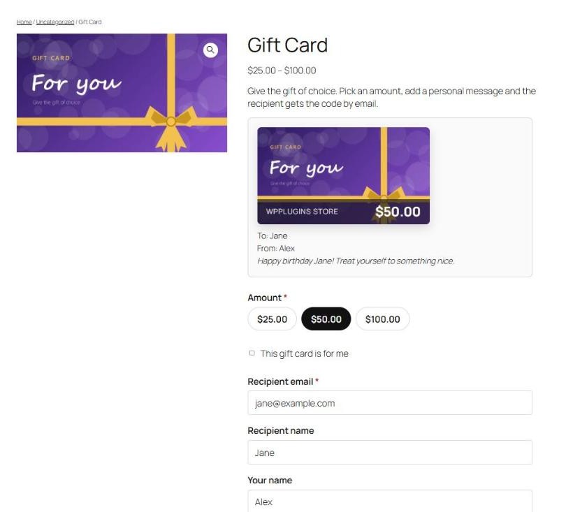 Gift card product page with amounts, recipient fields and a live preview