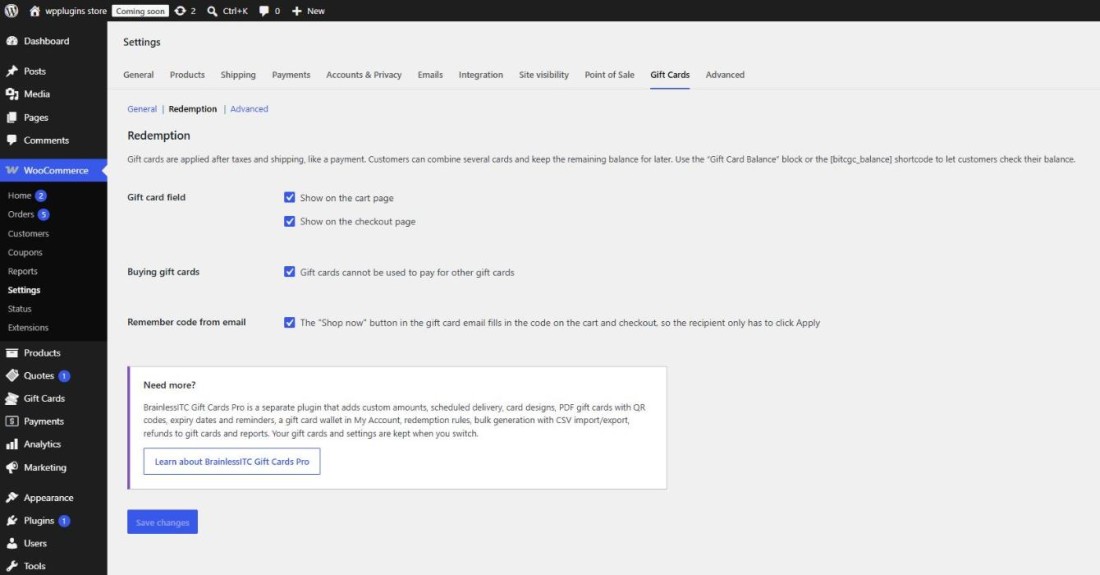 Gift Cards settings tab in WooCommerce settings