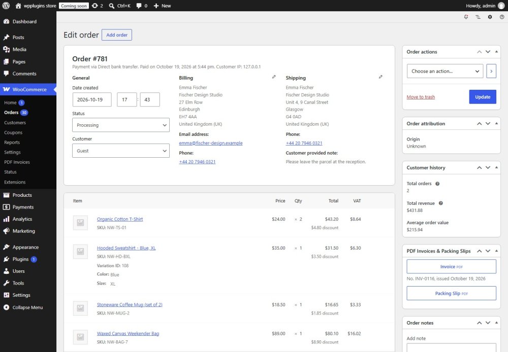 Invoice and packing slip buttons on the order screen