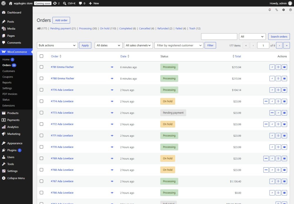Orders list with PDF buttons