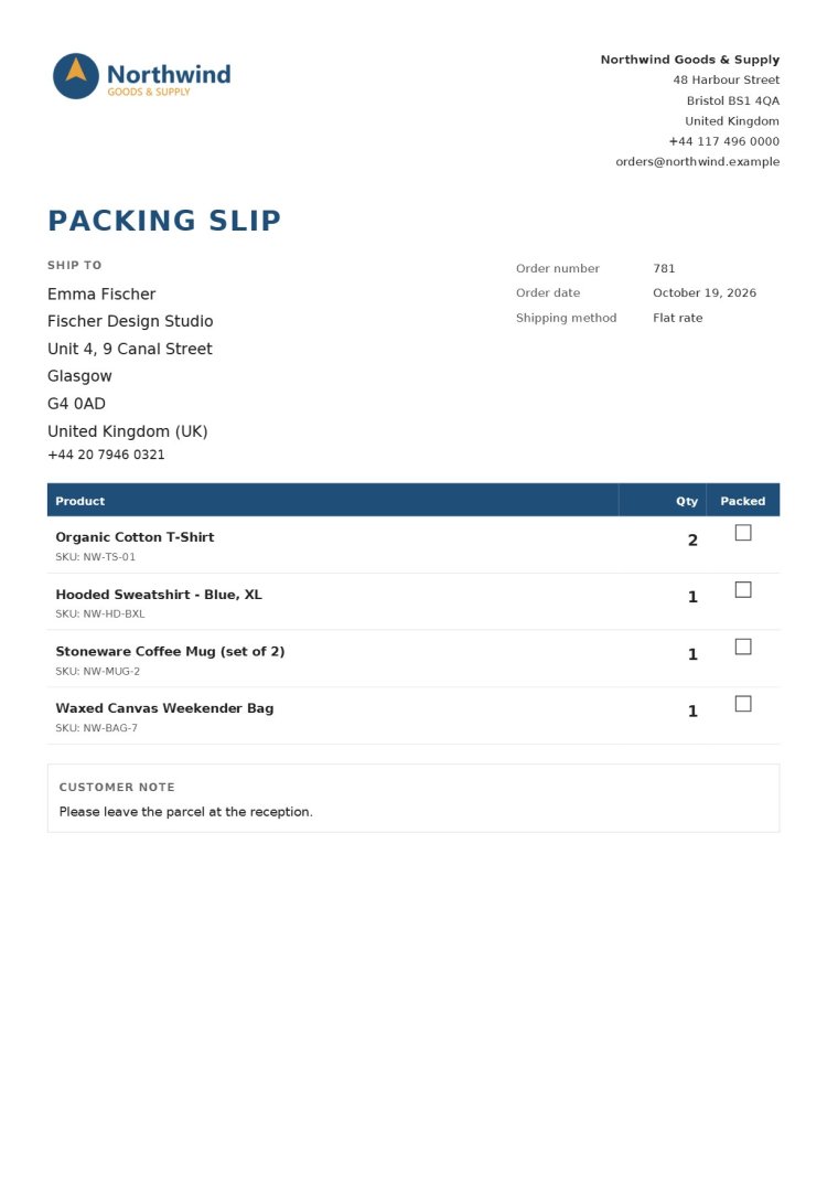 Packing slip without prices